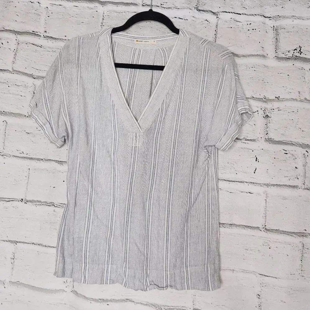 Marine Layer Womens Blue White Striped Bali Linen Blend V-Neck Popover Top Small